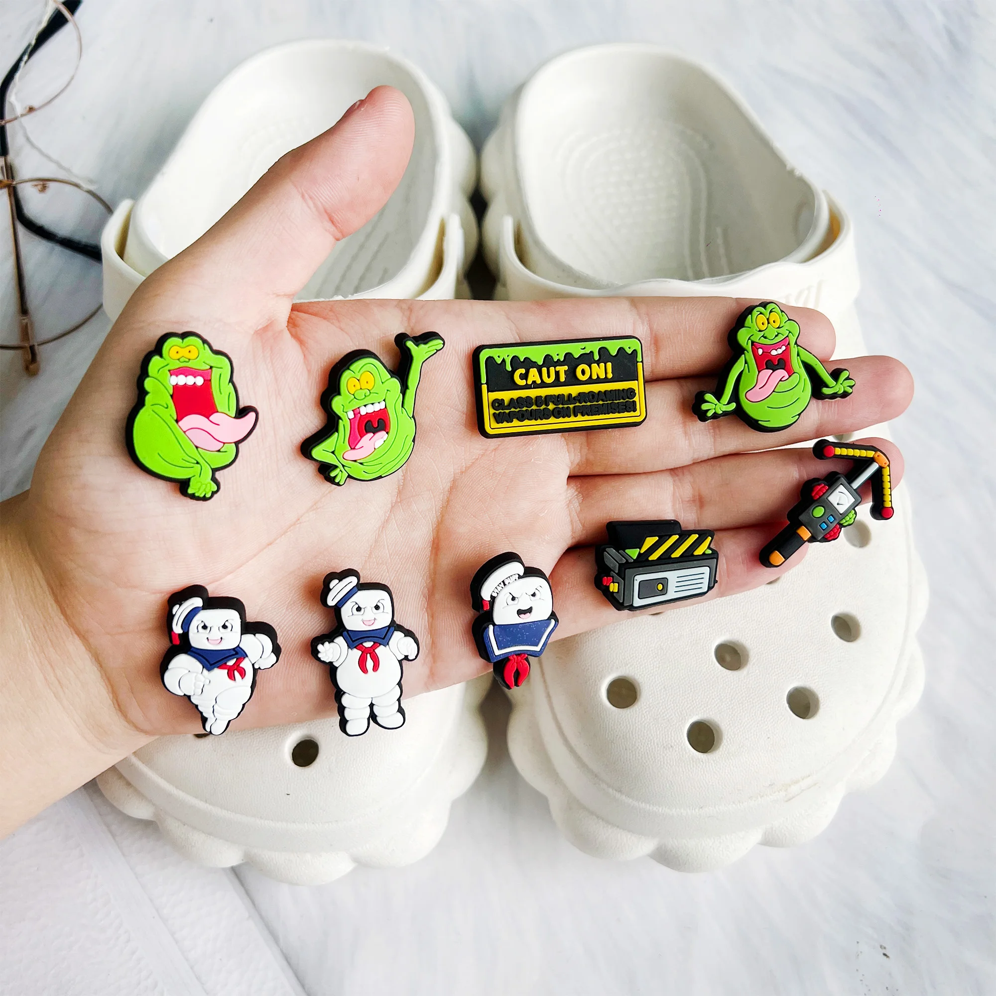 1-25pcs MINISO Catch a ghost Shoe Charms Clog Decorations for  Accesories Wholesale Boys Girls Kids Christmas Party Gifts