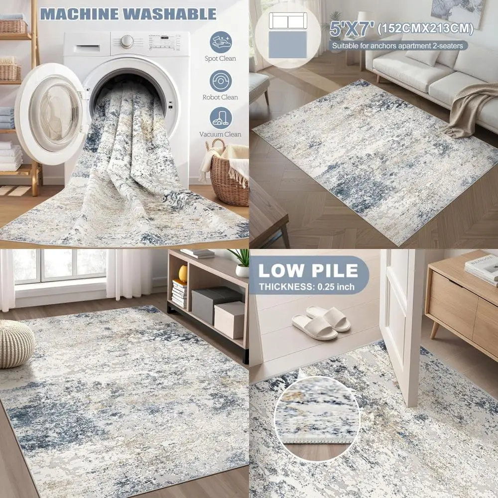 

Ковер 5x7 футов, абстрактный, нейтральных тонов, моющийся, для гостиной, спальни и столовой — бежевый и синий