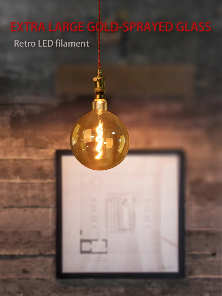 LEDフィラメント付き特大ガラス電球、金メッキ仕上げ、4W 220-240V、2500K温白色光、E27、20cm/7.87インチ省エネ