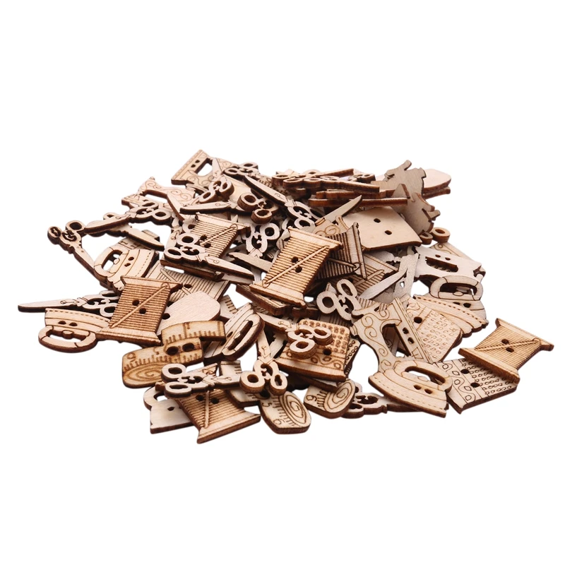 Best 100Pcs Sewing Machine Scissors Shaped Wooden Buttons Sewing Button For Children Clothes Decorative Button Scrapbooking Acce