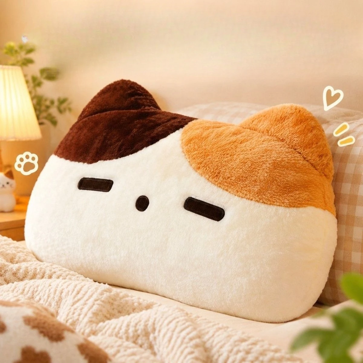 Cute Calico Cat Plush Sofa Throw Pillow Lumbar Support Headboard Backrest for Dorm Bedroom Bed Decor