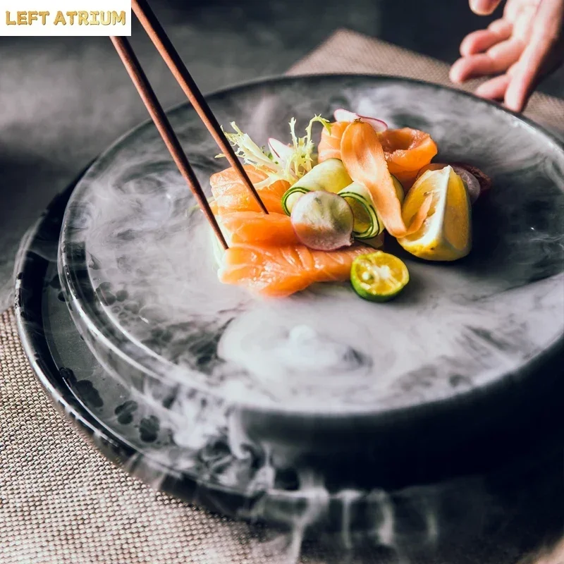 Creative Ceramic Sashimi Dry Ice Plate Special Seafood Sushi Restaurant Matte Black Dinner Plate High-grade Flat Dish In Hotel