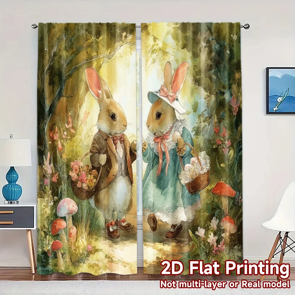 2pcs, 2D FLAT PRINTING Curtains (Without Rod) Rabbit Stroll Modern Curtain Modern Versatile 100% Polyester Curtains Thermal
