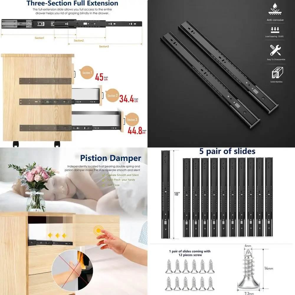 

Направляющие для выдвижных ящиков с плавным закрыванием, 18 дюймов, 5 пар в упаковке (10 штук), черные, с выдвижными шарикоподшипниками и боковым креплением
