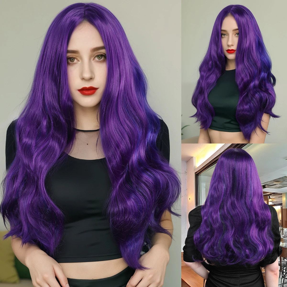 

Парик женский, европейский и американский, фиолетовый, длинные вьющиеся волосы, средний пробор, парик из синтетического волокна