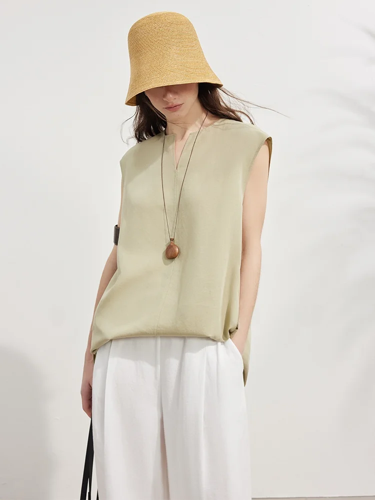 

Loose Fit Linen Sleeveless Casual V-Neck Top Women's Breathable Comfortable Vintage Style Hoodie Outerwear H-Shape Backless