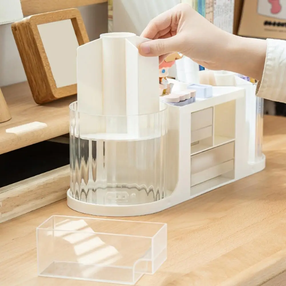 Rotating Desk Organizer Waterproof Desktop Organizer Rotatable Transparent Desk Organizer with Drawer Capacity Pen for Pencils