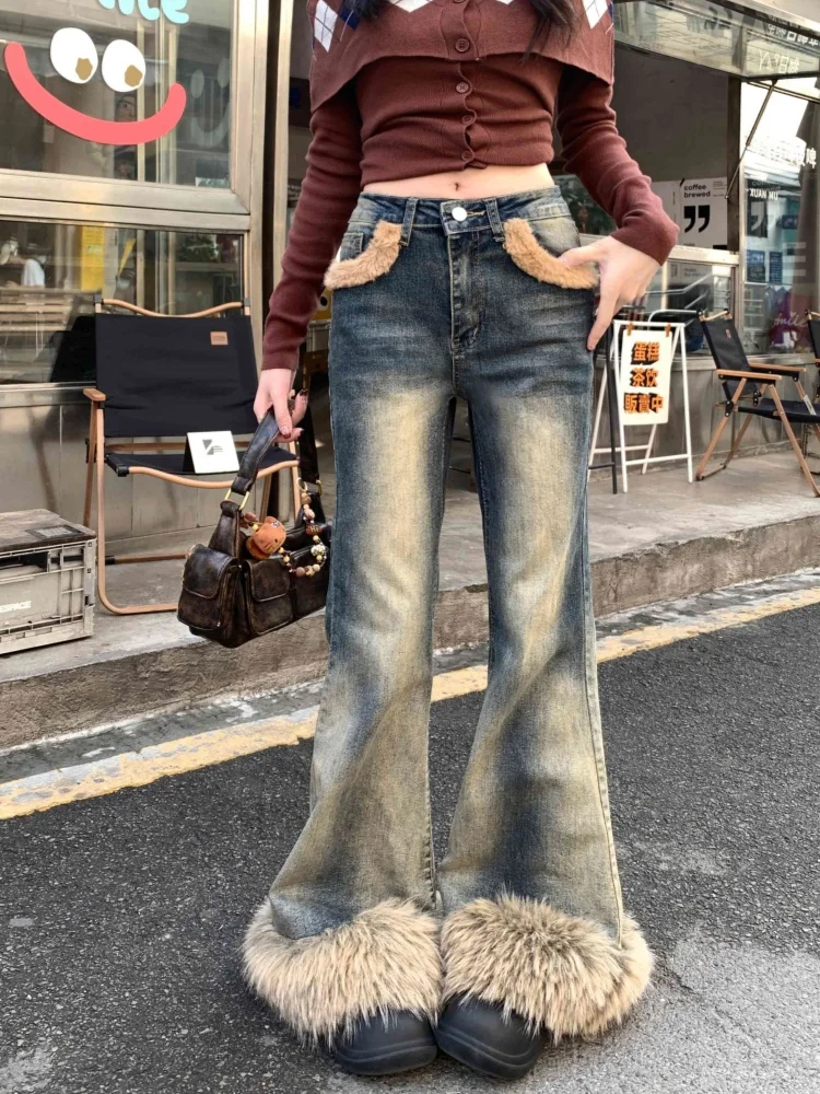 

2025 Ropa Y2K Fashion Soft Plush Patchwork Washed Blue Baggy Flared Jeans Pants For Women Clothing Vintage Old Denim Trousers