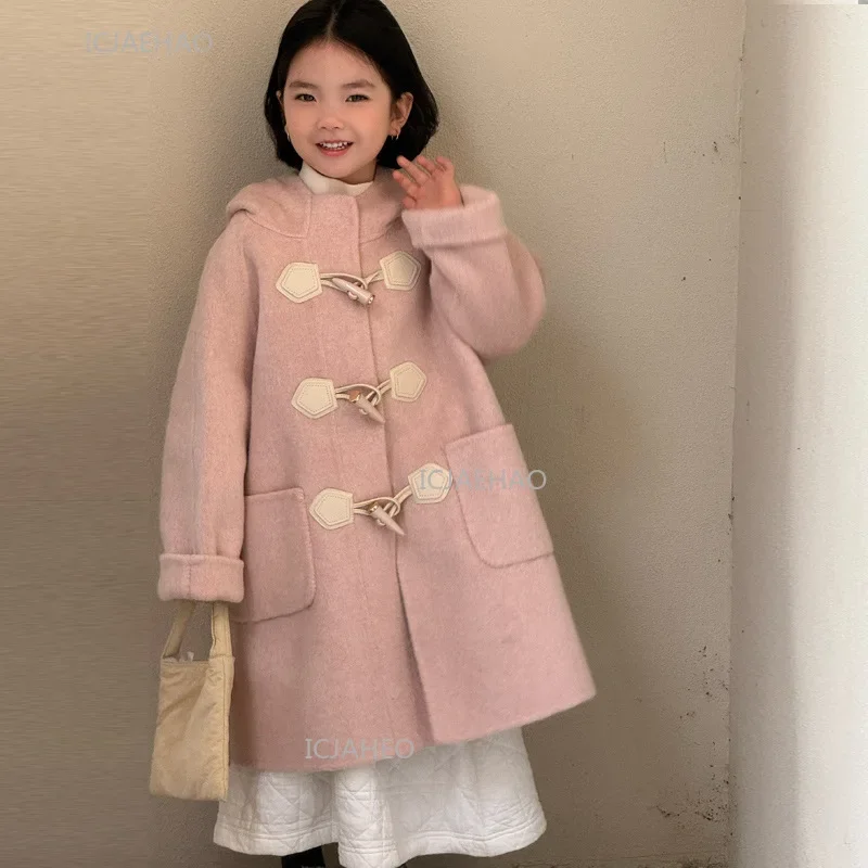 Elegant Kids Girls Double Faced Wool Coat Winter Sweet Hooded Horn Button Jacket Outerwear for Children Warm Clothing Outfits