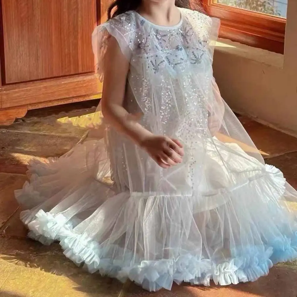 Fashion Sequin Girls Princess Dress Teens Party Summer Dress Loose Beach Vacation Children Mesh Dress Summer