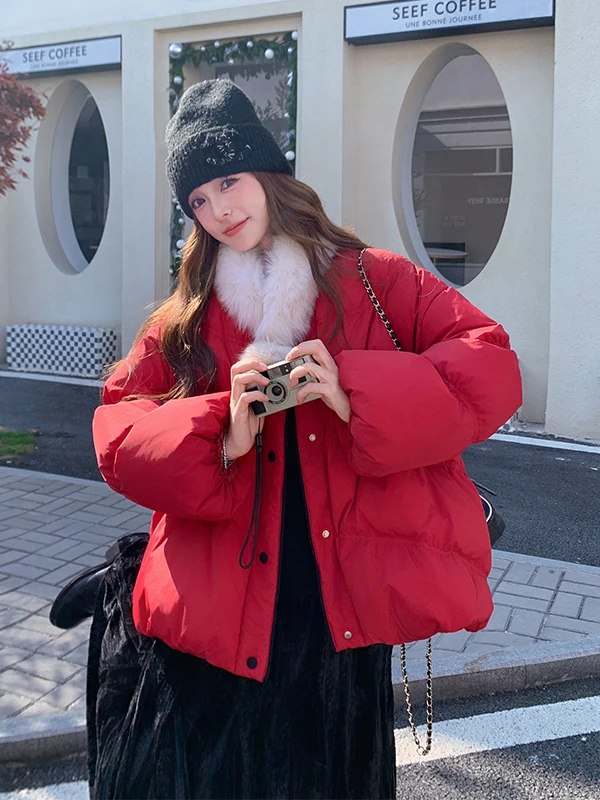 

Куртка Cisas Red Scarf Down Jaet женская, укороченная, зимняя 2025, новая, уникальная, красивая, теплая верхняя одежда, повседневная, свободного кроя