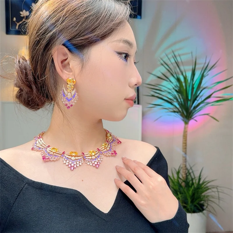 Designer Fashion Copper Jewelry Set with 3A Cubic Zirconia for Party, Pink-Purple Enamel Earrings, Gold-Plated, Heavy-Duty, Luxu