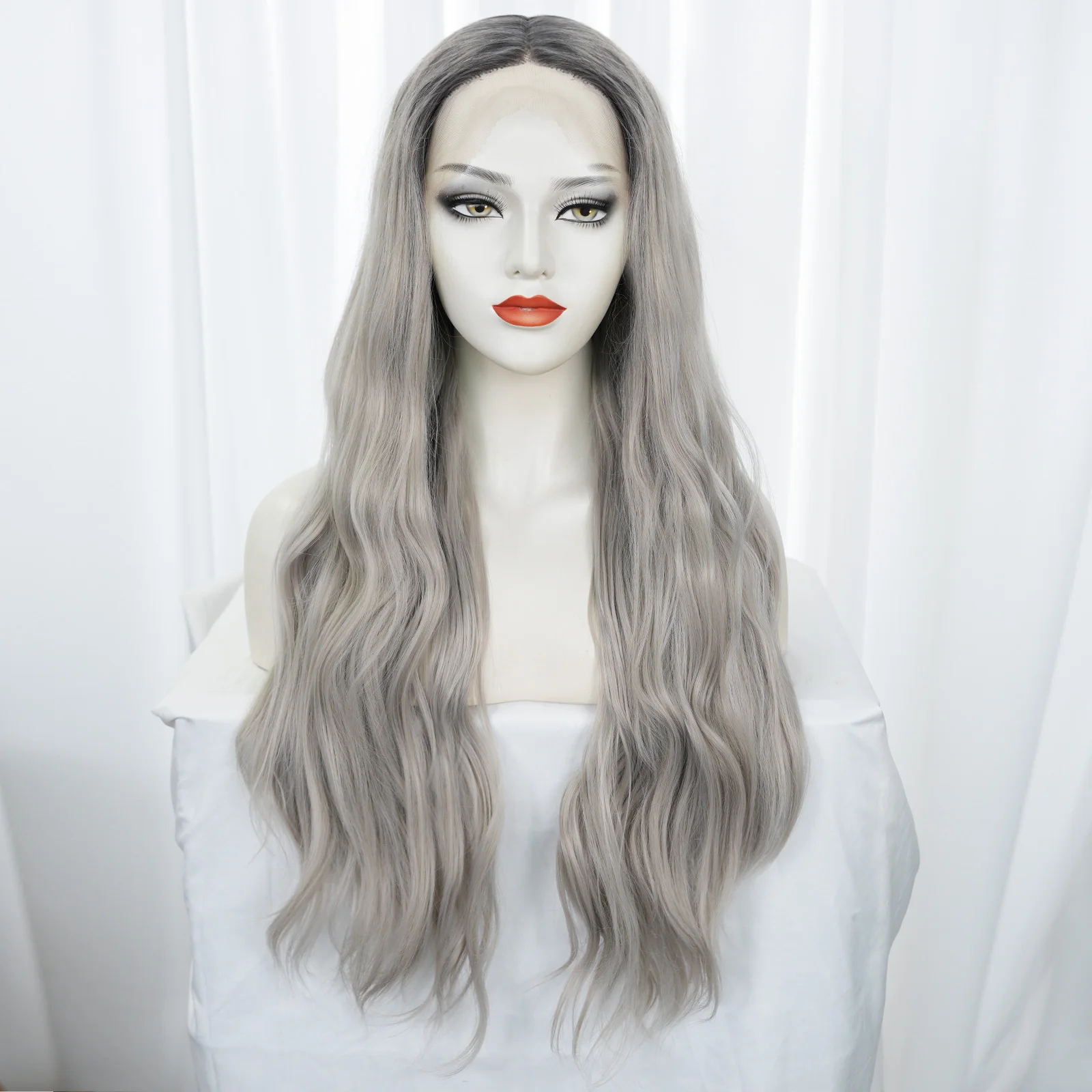 

13x4x1 HD Transparent Lace Front Wig Silver Grey Ombre Long Loose Body Wave Synthetic Wig Daily Wigs For Women