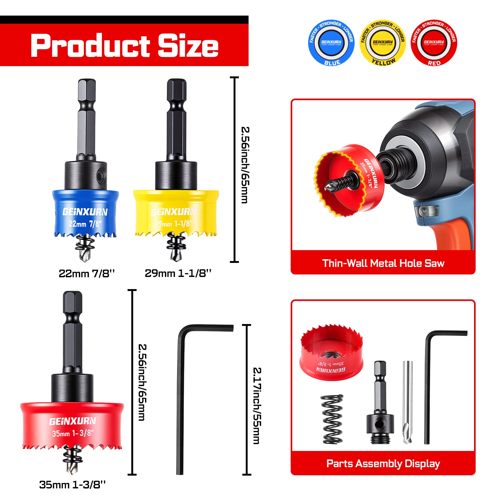 Geinxurn 4PCS Thin‑wall Hole Saw Set 22/29/35mm, With 3PCS Arbor & 1PC Hex Key, High Speed Steel For Wood Plastic Metal Cutting