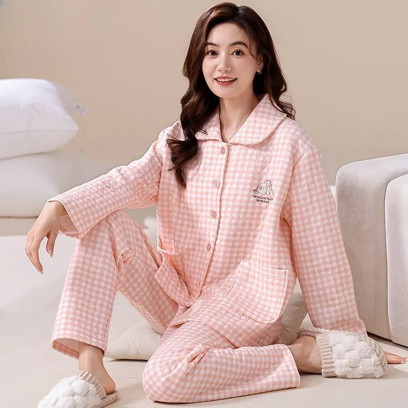 2024 New Women Sandwich Cotton Pajamas Autumn Winter Female Pure Cotton Long-Sleeved Homewear Thicken Thermal Nightclothes Suit