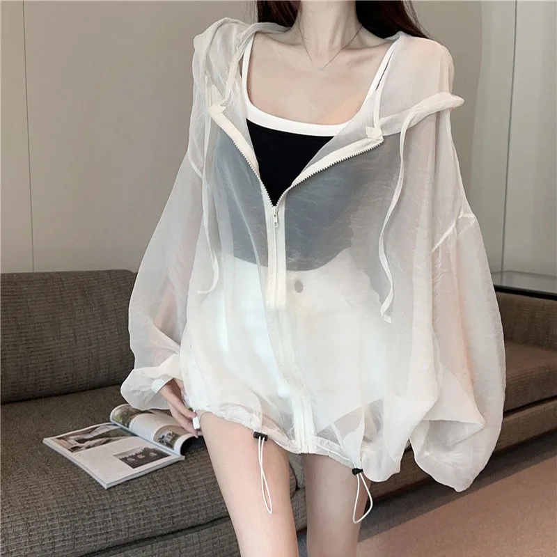 

Women Thin Sheer Hooded Jackets Solid Color Summer Lady Casual Loose Zipper Outerwear Female Long Sleeve Sun Protection Coats
