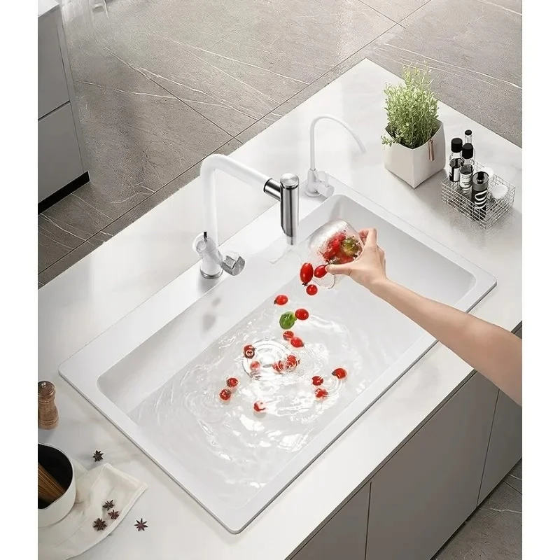 

Cream Style Quartz Stone Washing Basin Single Sink Kitchen Sink Set Scullery Sink Household Vegetable Basin White under Cou