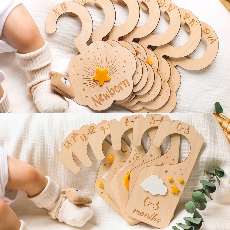 

Baby Wooden 0-24 Monthly Wardrobe Separator Photography Accessories Star Moon Dividers Closet Organizers Baby Milestone Cards