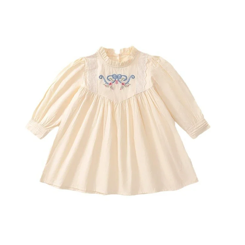 

Girls' French Lace Long Sleeve Dress Autumn New Embroidered Flower Small and Medium Sized Cotton Wooden Ear Princess Dress