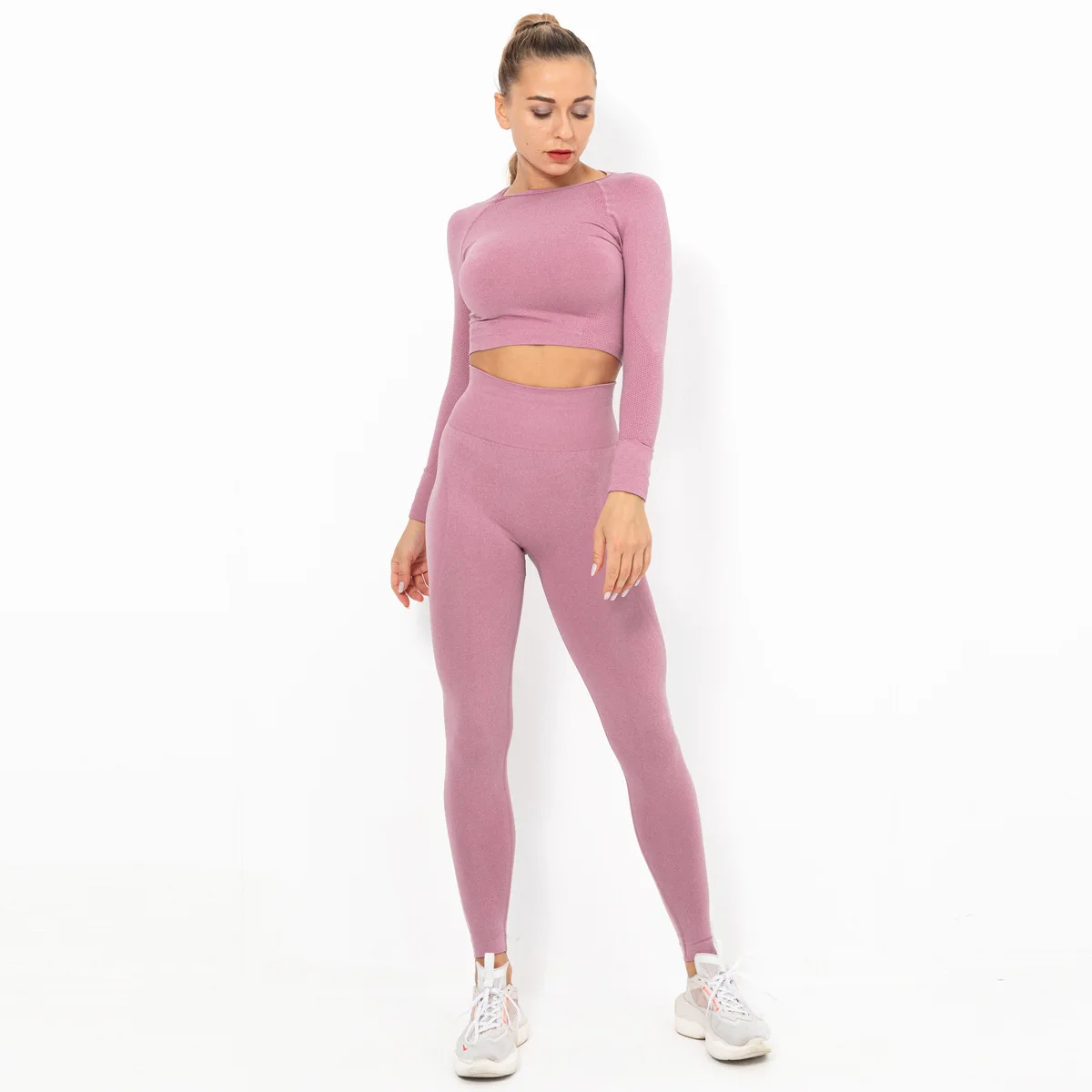 

2 PCS Seamless Women Yoga Set Workout Sportswear Gym Clothing Fitness Long Sleeve Crop Top High Waist Leggings Sports Suits