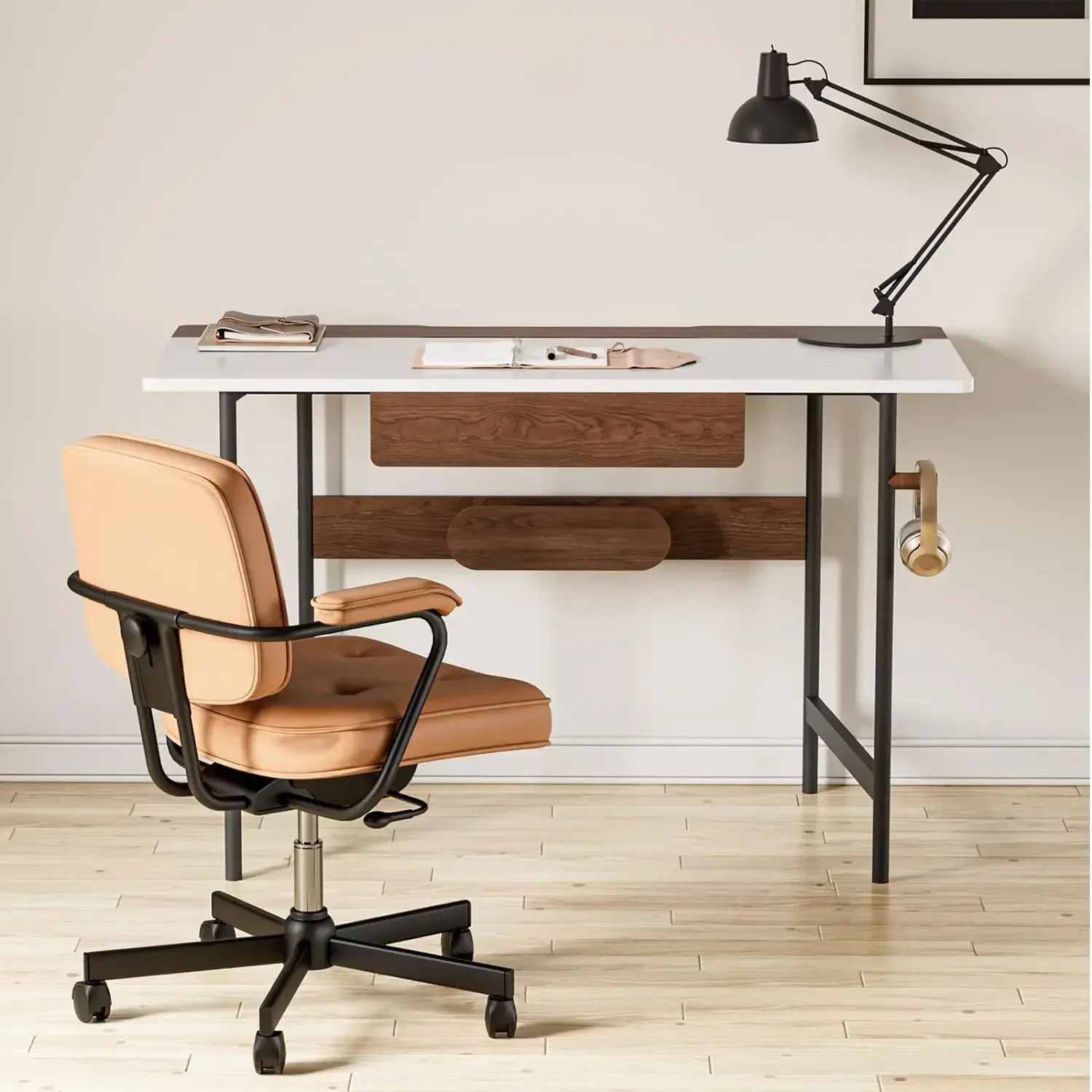 

Small Computer Desk with Drawers,Home Office Desk with Storage Hooks and Power Strip Design,Game Desk for Study Home Office