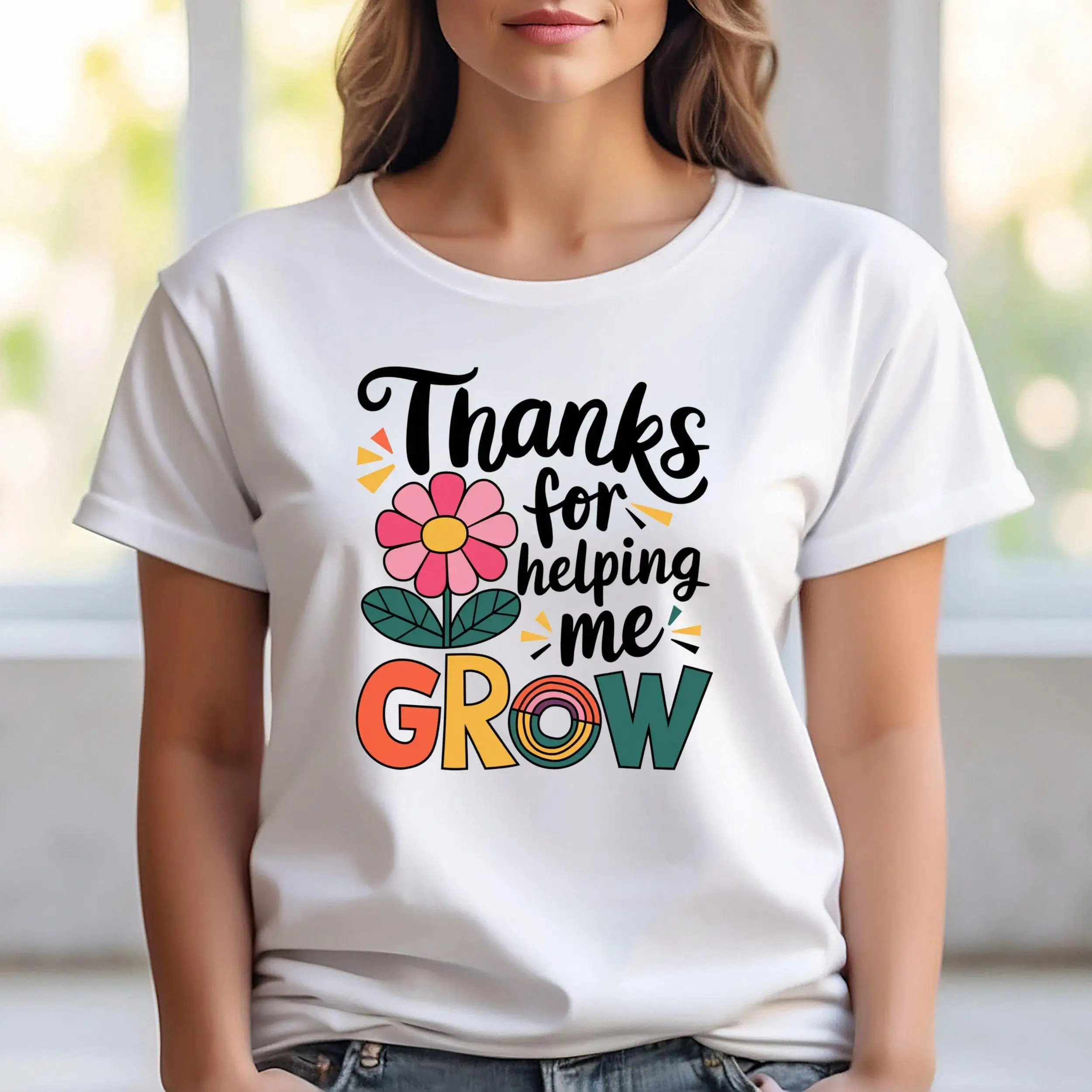 

Women Thanks For Helping Me Grow T-Shirt Teacher Appreciation Flower Graphic Tee Inspirational Slogan Positive Educator Gift Top