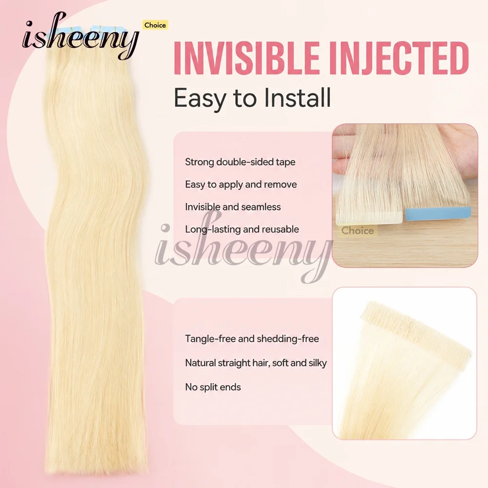 Isheeny Invisible Tape In Human Hair Extensions Inject PU Skin Weft Straight Machine Remy Tape in Hair 12-20 inches 10pcs/pack