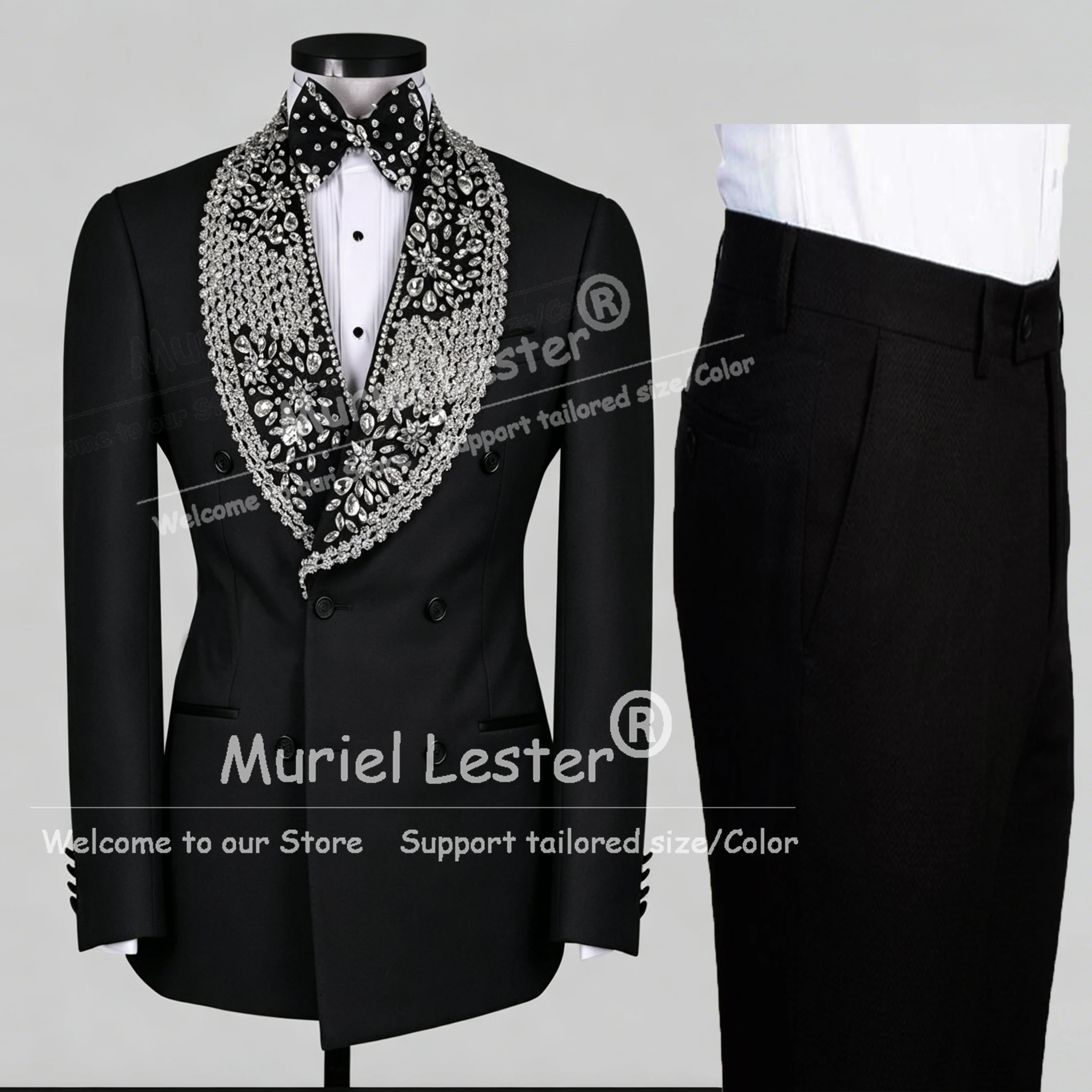 Conjunto Exclusivo Masculino de 2 Peças: Blazer Transpassado e Calça para Baile de Formatura, Traje Masculino Personalizado com Pedrarias, Etiqueta Preta, Smokings de Noivo