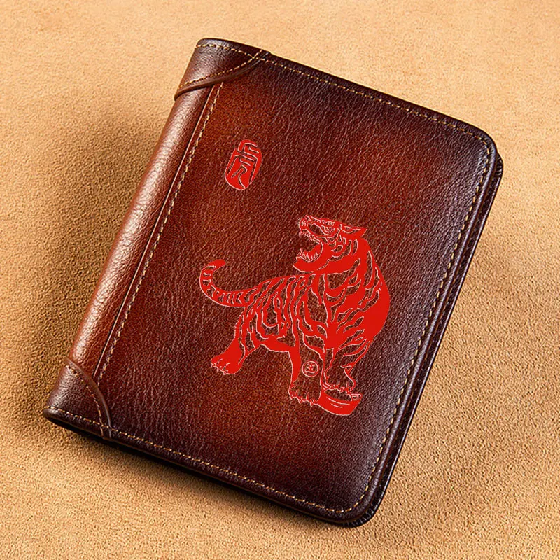 High Quality Genuine Leather Men Wallets Chinese Zodiac Tiger Signs Short Card Holder Purse Trifold Men\'s Wallet BK3824