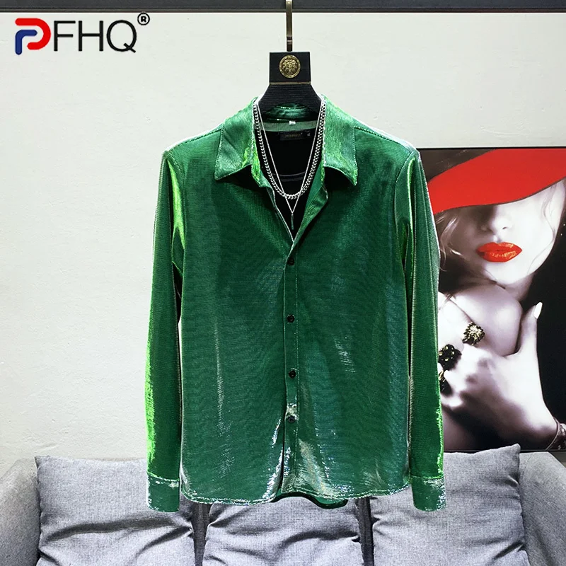 PFHQ 2023 Summer New Fashion Casual Bright Color Reflective Shirts For Men Long Sleeve Single Breasted Men\'s Blouse Tide 21F3625