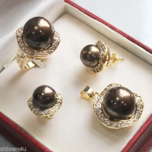 Beautiful Chocolate shell pearl yellow gold jewelery set AAA style Fine Noble real Natural free shipping