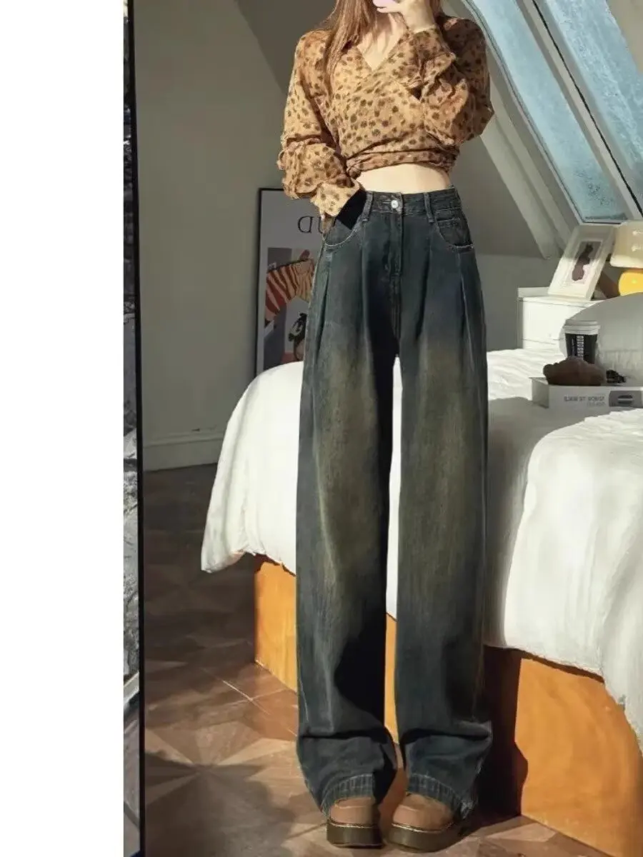 

Американские винтажные потертые джинсы, женские утягивающие свободные прямые широкие брюки с высокой талией, длинные брюки, осенние новые Arr...