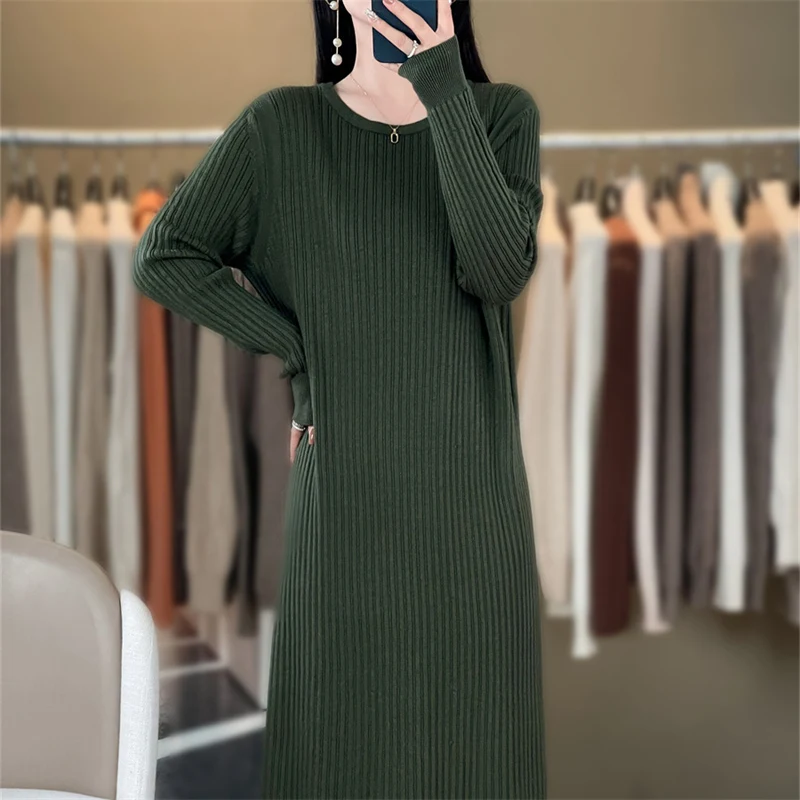 Women\'s boutique round neck long sleeved dress autumn and winter knitted cashmere sweater Women\'s solid color pullover long skir