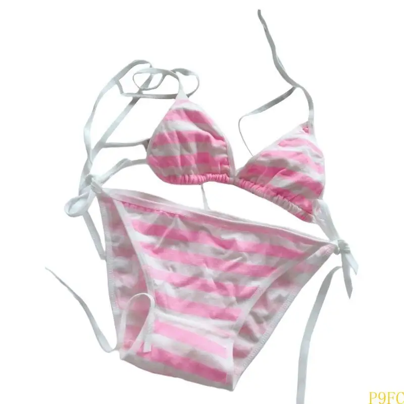 

P9FC Womens Striped Strappy Swimwear 2Pcs Soft Bag High Cut Swimsuits Lacing up Swimming Suit Underwear Thong Set Beachwear