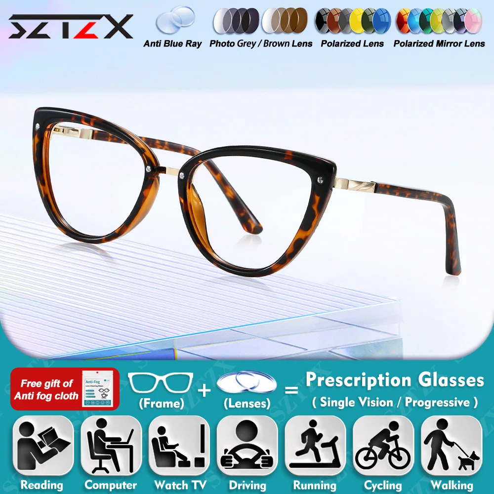 

SZTZX Currents Cat Eye Frame Workplace Anti Blue Ray Prescription Reading Glasses Women Myopia Photochromic Progressive Eyeware