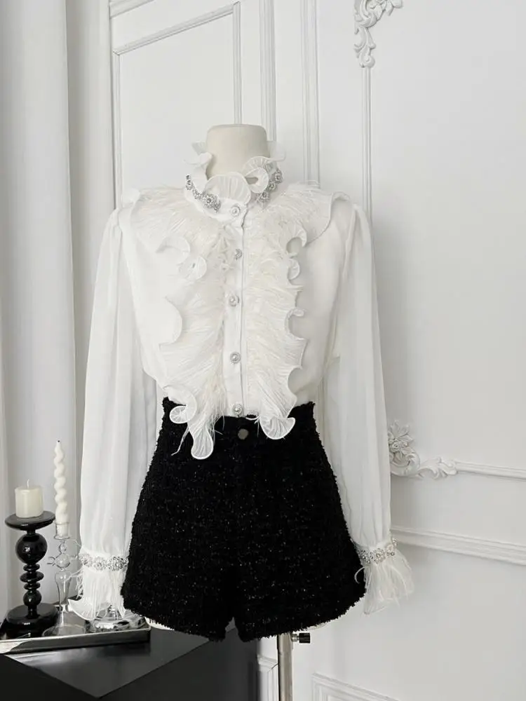 

Vintage Fashion Women White Diamond Festival Shirt Autumn Elegant Long Sleeve Blouse French Single Breasted Ruffles Shirt Simple