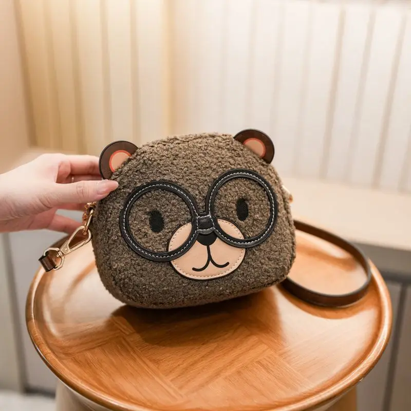 

Cute Bear Plush Crossbody Bag Women Korean Retro Mini Shoulder Bag Cartoon Round Purse Brown Vintage Handbag