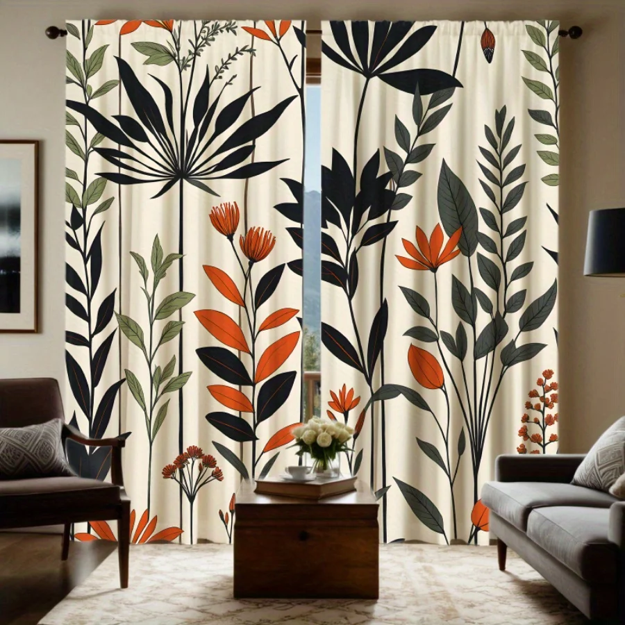 2pc Vintage floral and leaf pattern curtains, polyester fabric, machine washable, suitable for bedroom living room decoration