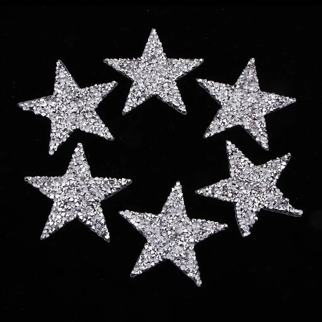 6Pcs Star Crystal Sew Iron On Patch Badge Clothes Applique Bag Fabric 50mm