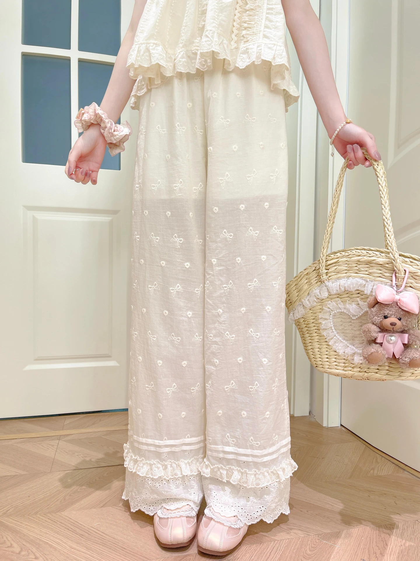 Sweet Lace Trim Embroidery Design High Waist Wide Leg Pants Women's Casual Summer Trousers Cotton Material Straight Cut