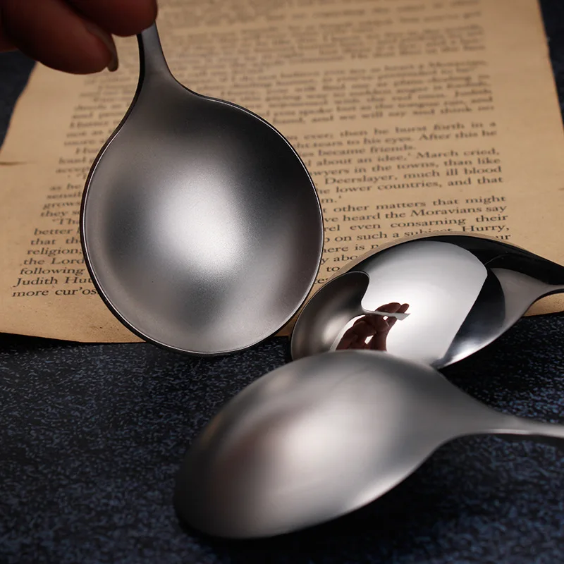 Retro Matte Spoon Household 304 Stainless Steel Silver Spoon Round Head Soup Spoon Dessert Spoon Sanding Tableware Spoon