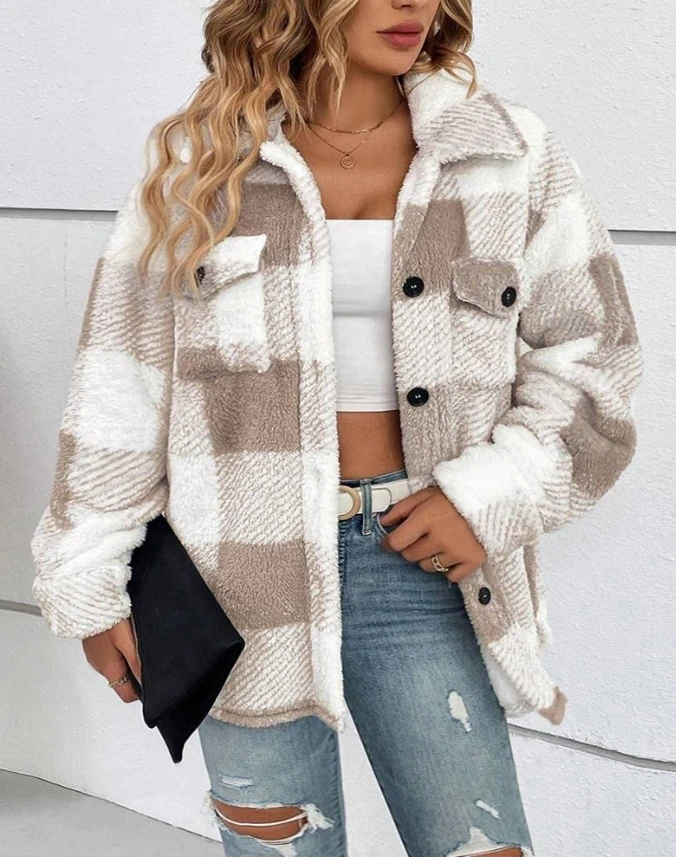 Elegant Winter Women's Coat Casual and Fashion Button Pocket Plaid Pattern Turn Down Collar Button Front Teddy Thick Warm Coat