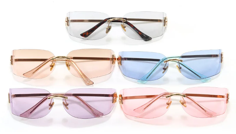 Hochwertige Randlose Rahmenlose Sonnenbrille für Damen Luxuriöse Personalisierte Y2k Gebogene Metallbuchstaben Sonnenbrillen Damenschattierungen – Detail 5
