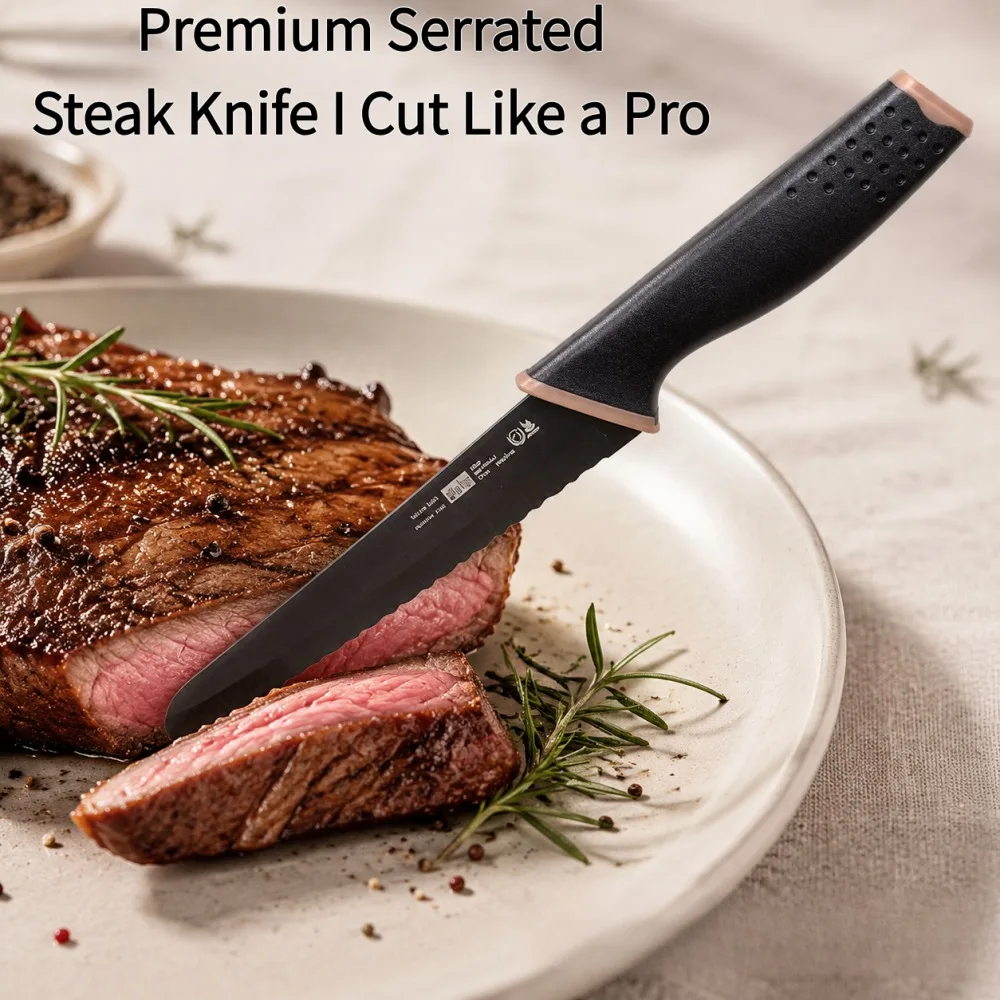 1/2/5 Pcs Black Kitchen Knife, Kitchen Knives Set, Steak Knife Stainless Steel PP Plastic Handle Serrated Knife Knife Set