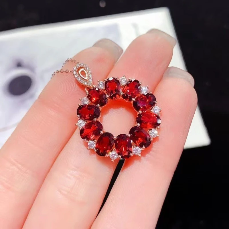 925 Silver Red Crystal Circle Pendant Natural Garnet Pendant 4mm*6mm 5ct Real Garnet Silver Necklace with 18K Gold Plating