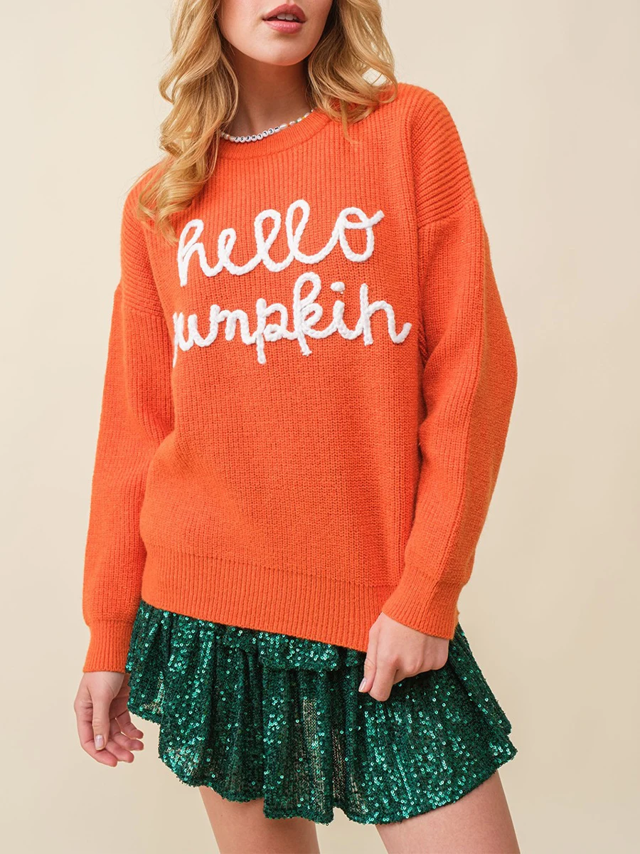 Women s Halloween Sweater with Pumpkin Print Round Neck Long Sleeve Pullover Knit Tops Casual Streetwear for Autumn Winter