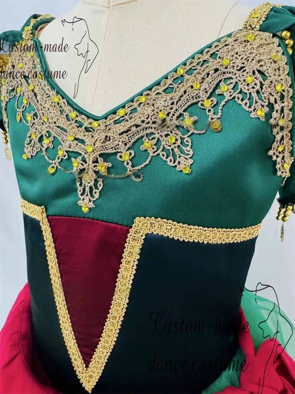 Jupe de ballet à variation pour femme Esmeralda, vert foncé, noir, rouge, broderie dorée, jupe longue en gaze moelleuse sertie de diamants