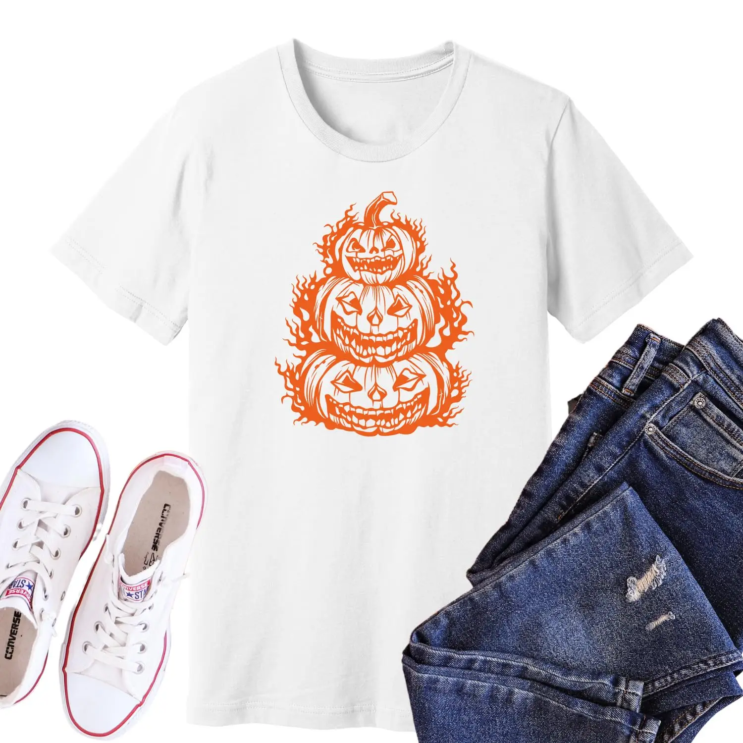 Camiseta de feliz Halloween hecha a mano personalizada, camiseta gráfica apilada de calabazas, camiseta escalofriante de Halloween, traje de caras de calabaza lindas