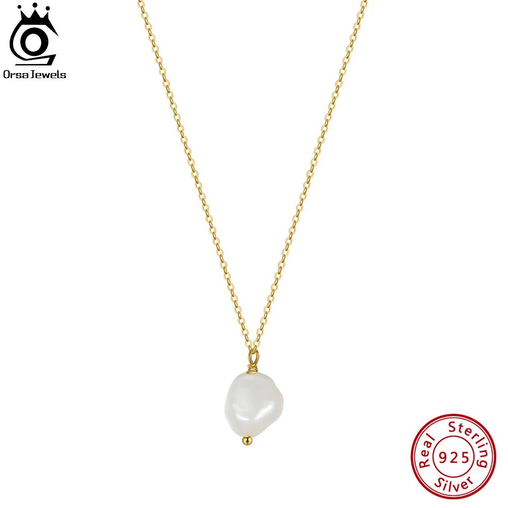 ORSA JEWELS 925 Sterling Silver Irregular Real Natural Baroque Pearl Pendant Necklace for Women 14K Gold  Fashion Jewelry GPN22