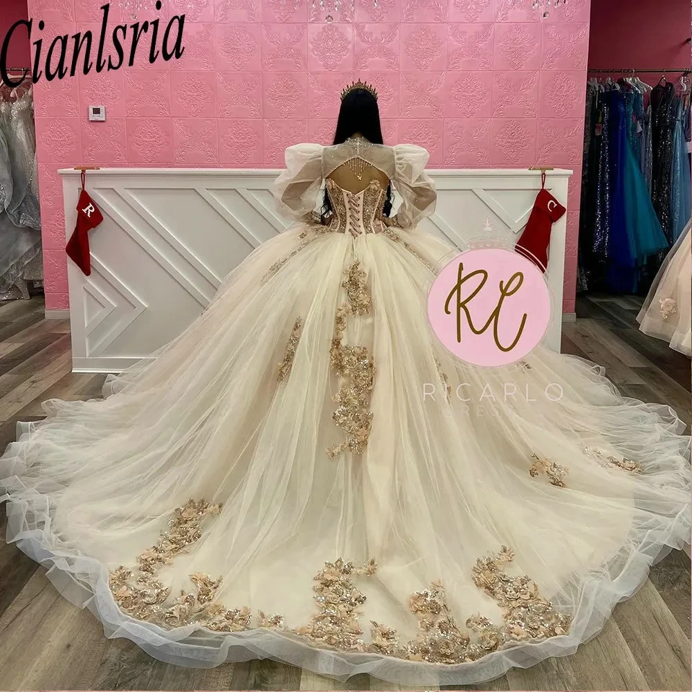 Champagne Illusion Beading 3D Flowers Ball Gown Quinceanera Dresses With Jacket Appliques Lace Corset Vestidos De 15 Años